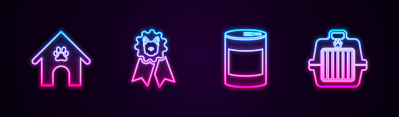 Set line Dog house and paw print pet, award symbol, Canned food and Pet carry case. Glowing neon icon. Vector.