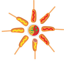 corn dog for a big company vector drawing on a white background. with mustard and ketchup