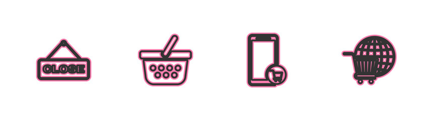 Set line Hanging sign with Close, Mobile and shopping cart, Shopping basket and globe icon. Vector.