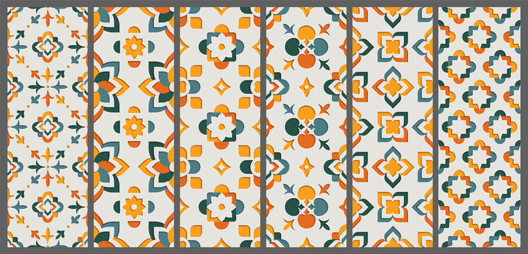 Set islamic oriental ornamental floral geometric arabesque seamless pattern. East motif paper style background vector illustration