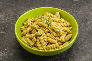 Italian pasta Fusilli with pesto