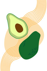 Avocado half and full with abstract shapes