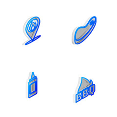 Set Isometric line Ketchup bottle, , Hotdog sandwich and Oven glove icon. Vector.