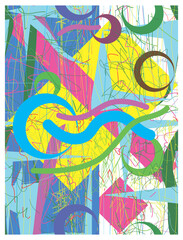 Abstract, multicolor illustration.
A repeating pattern of different lines and rectangular geometric shapes. - 418548831