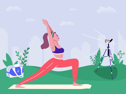 Woman stretching outdoor. Doing meditation on mat. Girl practicing yoga online. Enjoying video course. Flexibility workout. Live stream. Cartoon style vector.