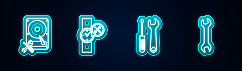 Set line Hard disk drive service, Wrist watch, Screwdriver and wrench and Wrench. Glowing neon icon. Vector.