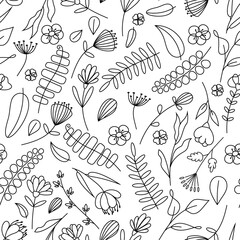 Vector graphics of seamless floral pattern background in doodle style. Stylish background with flowers and leaves. Background for textile design, wrapping paper, invitations and cards.