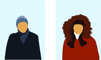 Illustration of a guy and a girl in winter clothes. They are on a light blue background. Vector.