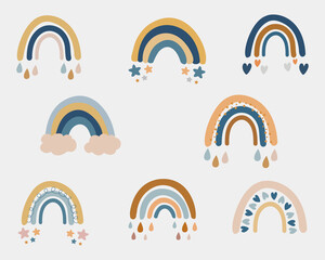 Vector collection for nursery decoration with cute rainbows pastel color. Perfect for baby shower, birthday, children's party, summer holiday, clothing prints