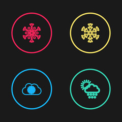 Set line Cloud with snow, and sun, Snowflake and icon. Vector.