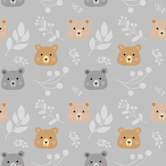 Seamless childish pattern with cute bears and plant branches.  Baby texture for fabric, wrapping, textile, wallpaper, clothing. Vector illustration