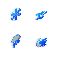 Set Isometric line Fog and sun, Snowflake, Cloud with snow and moon icon. Vector.