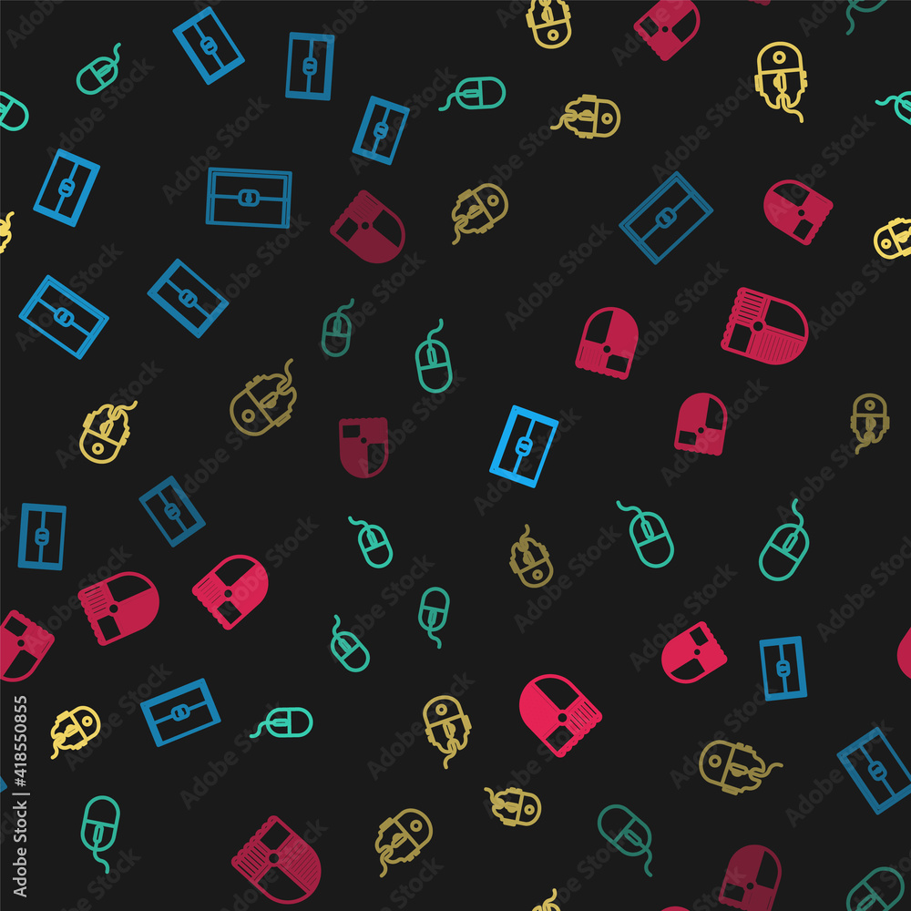 Poster set line chest for game, computer mouse, gaming and shield on seamless pattern. vector.