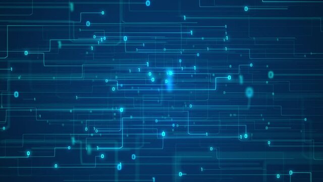 Abstract tech computer circuit board styled background with fast moving digital data transfer and binary code ones and zeros. This modern technology background is a seamless loop.