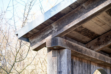 Old wooden house with weathered boards photographed in the forest