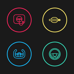 Set line Sport steering wheel, Steering, Car door handle and Oil filler cap at gas station icon. Vector.