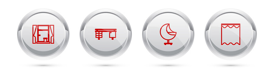 Set line Window with curtains, Office desk, Armchair and Curtains. Silver circle button. Vector.