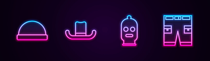 Set line Beanie hat, Man, Balaclava and Short or pants. Glowing neon icon. Vector.