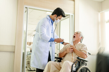 Obraz premium medical concept. Medicine doctor with stethoscope in hand and Patients come to the hospital background..