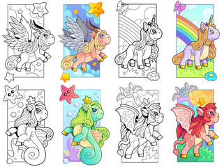 cute magic ponies, set of images, funny illustration