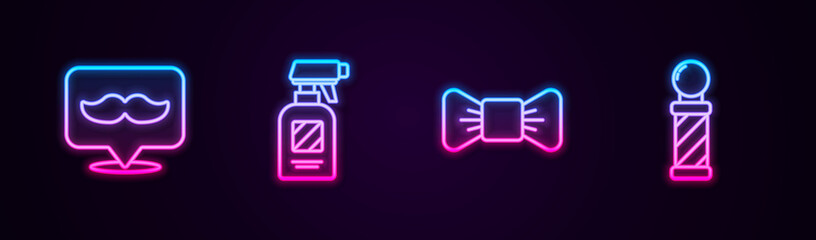 Set line Barbershop, Hairdresser pistol spray bottle, Bow tie and Classic pole. Glowing neon icon. Vector.