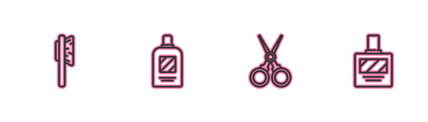 Set line Hairbrush, Scissors hairdresser, Bottle of shampoo and Aftershave icon. Vector.