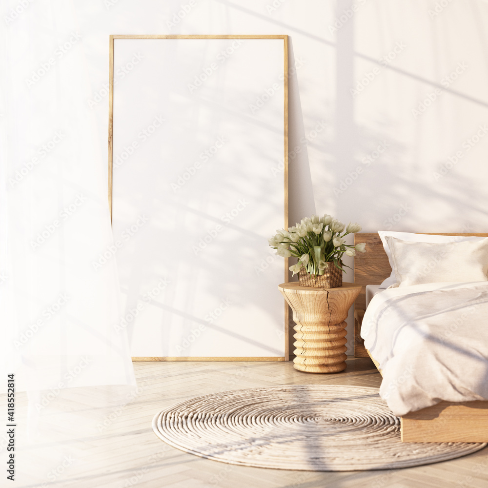 Poster white bed and frame on wooden floor light shines through the window and shadows fall on it. with whi