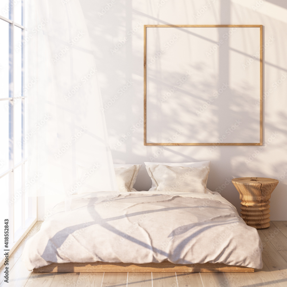 Poster white bed and frame on wooden floor light shines through the window and shadows fall on it. with whi