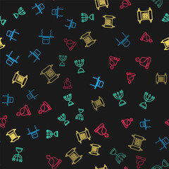 Set line Orthodox jewish hat with sidelocks, Hanukkah menorah, Decree, paper, parchment, scroll and Buddhist monk on seamless pattern. Vector.