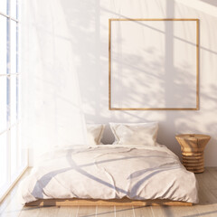 white bed and frame on wooden floor Light shines through the window and shadows fall on it. with white wall and sheer 3d rendering