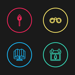 Set line Location of the forest in monitor, Calendar with tree, Binoculars and Burning match fire icon. Vector.