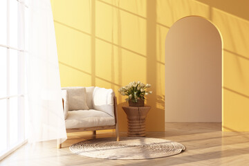 white armchair on wooden floor Light shines through the window and shadows fall on it. with yellow wall and sheer 3d rendering
