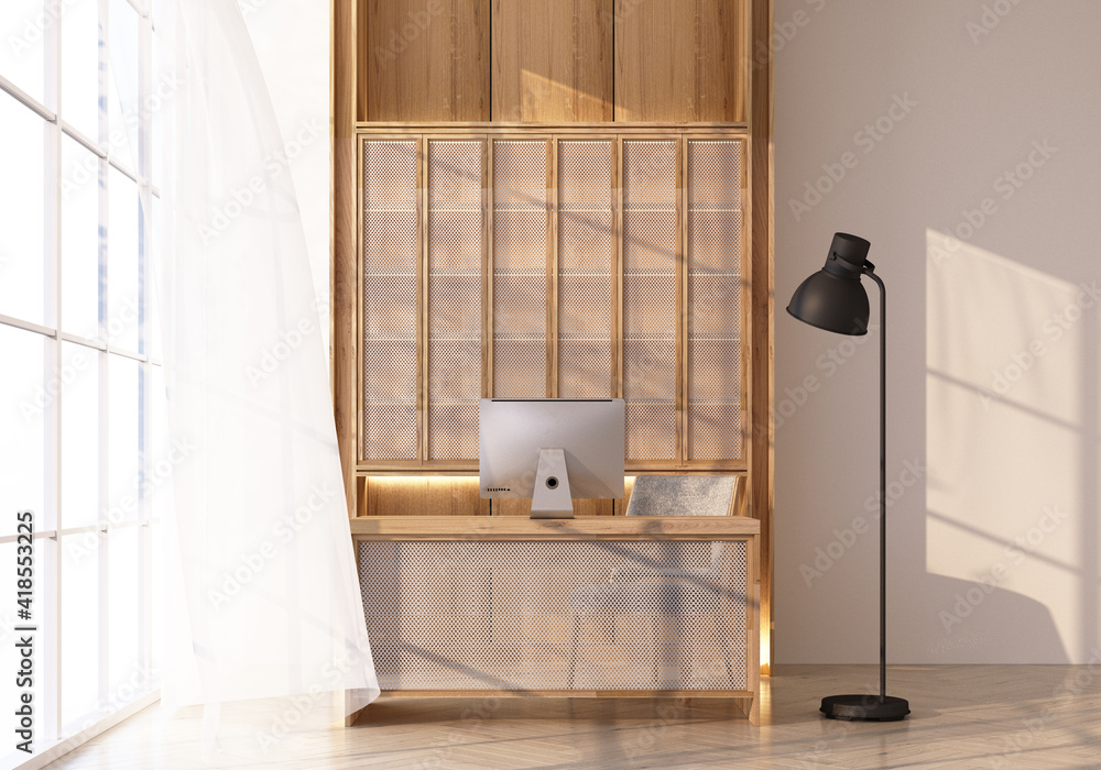 Poster working table and cabinet on wooden floor light shines through the window and shadows fall on it. wi