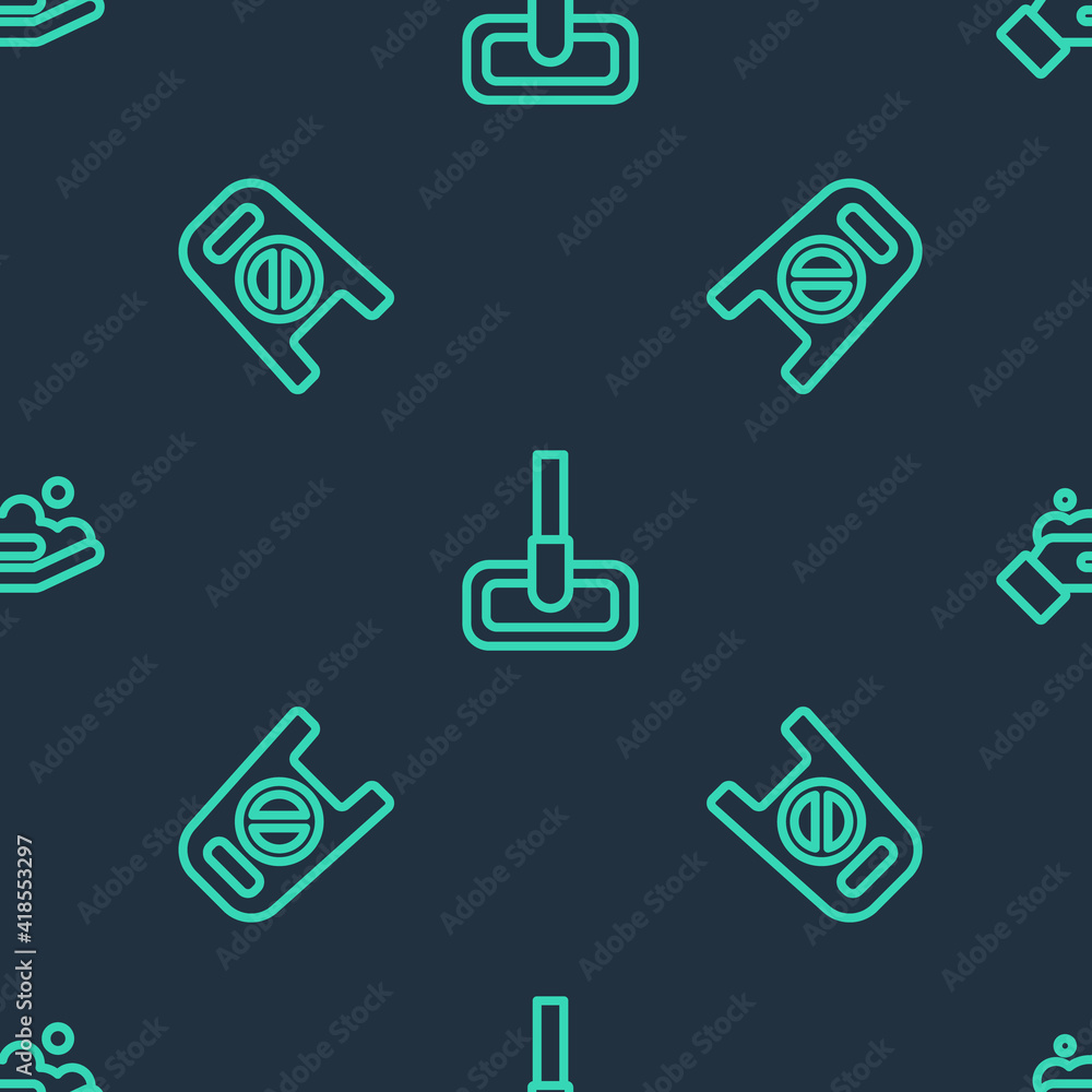 Poster set line mop, wet floor and cleaning in progress and washing hands with soap on seamless pattern. ve