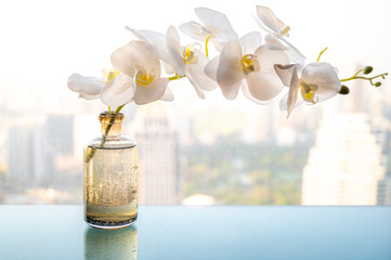 Fototapeta premium The glass table with white flowers in the vase and cityscape in the background