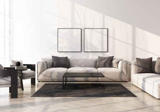 Gray sofa with armchair on wooden floor in white room 3d rendering