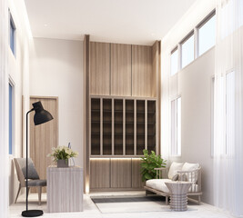 Working room at home with working table computer and chair book shelf built-in cabinet with living area on white marble tile floor and sheer 3d rendering