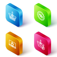 Set Isometric line Shopping basket, Discount percent tag, on laptop and and dollar icon. Vector.