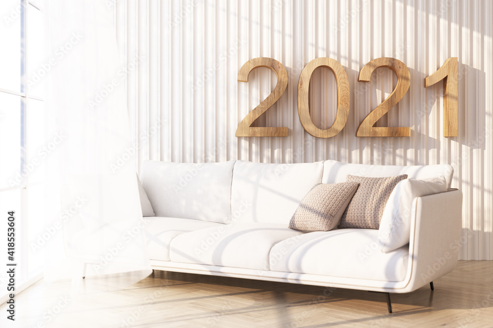 Poster white armchair , bed and frame on wooden floor light shines through the window and shadows fall on i
