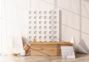 Minimal scene with podium and abstract background. Gold and white scene. Trendy for social media banners, promotion, cosmetic product show. Geometric shapes wooden texture interior 3d render