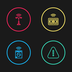 Set line Smart washer, Exclamation mark in triangle, electrical outlet and street light icon. Vector.