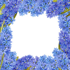 Watercolor square frame with blue hyacinth flowers. Hand-drawn template for postcards, flyers, posters and more. Bright blue spring flowers.