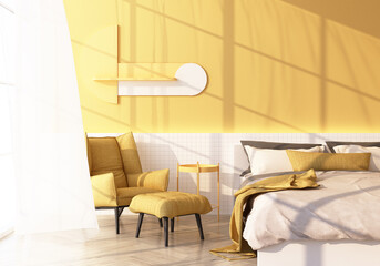 Fototapeta na wymiar yellow armchair and bed on wooden floor Light shines through the window and shadows fall on it. with yellow wall and sheer 3d rendering
