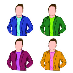 guy in jackets of different colors on a white background