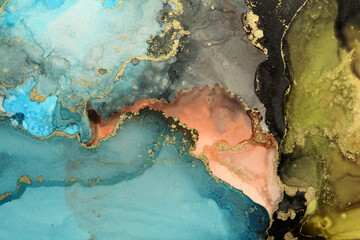 Abstract blue and gold glitter color horizontal background. Marble watercolor texture. Alcohol ink.
