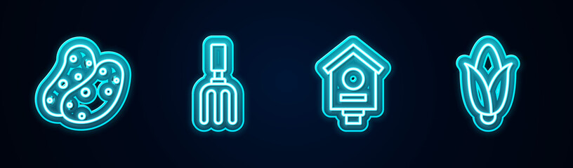 Set line Potato, Garden rake, Bird house and Corn. Glowing neon icon. Vector.