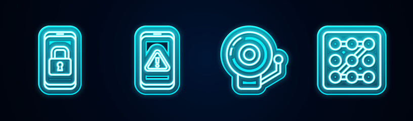 Set line Mobile with closed padlock, exclamation mark, Ringing alarm bell and Graphic password protection. Glowing neon icon. Vector.