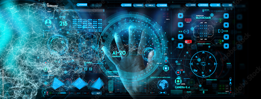 Leinwandbilder AR and AI concept.Business hand working with cryptocurrency and Ai conputer interface.