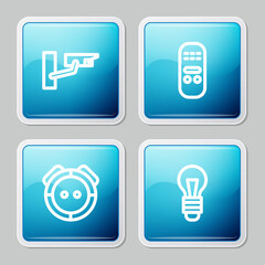 Set line Security camera, Remote control, Robot vacuum cleaner and Light bulb icon. Vector.