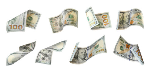 Dollar banknotes flying on white background, collage. Banner design - obrazy, fototapety, plakaty
